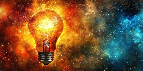 Poster - Creative light bulb concept showcasing vibrant cosmic background with blue and orange hues