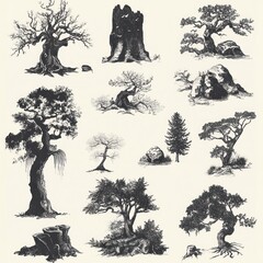  Collection of Detailed Ink Drawings of Trees and Tree Stumps