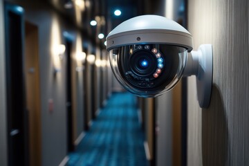 Poster - Surveillance camera positioned in a dimly lit indoor hallway monitoring activity