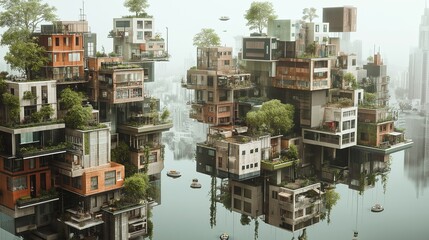 Poster - A fractal city where buildings morph into surreal, floating islands