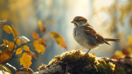 Wall Mural - A delicate sparrow perched on a moss-covered branch, with a blurred background of golden autumn foliage glowing in soft sunlight.