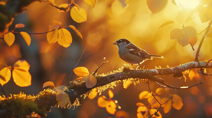 Wall Mural - A delicate sparrow perched on a moss-covered branch, with a blurred background of golden autumn foliage glowing in soft sunlight.