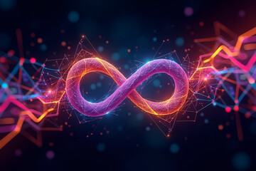 Wall Mural - A geometric infinity loop made of interconnected, glowing neon polygons in a variety of bold colors. The structure represents the balance between chaos and focus in ADHD, with some areas appearing 