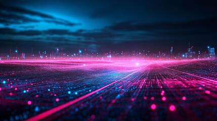 Poster - A cyberpunk fractal skyline with neon pink and blue lights illuminating a digital horizon