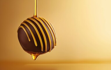 Wall Mural - A honey caramel chocolate bonbon hovering with golden honey drizzle flowing out, pastel gold gradient background