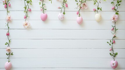 Wall Mural - Easter Egg Floral Arrangement on White Wood Background