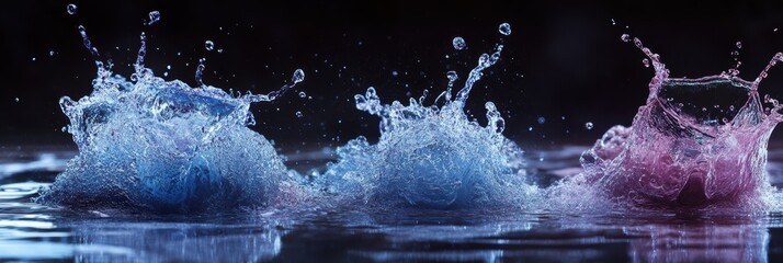 Poster - dynamic splashes created by colorful water droplets in motion