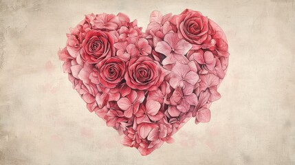 Poster - A heart-shaped floral bouquet in an elegant pencil sketch, showcasing pink hydrangeas and red roses in fine detail.