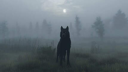 Lone Black Wolf in Misty Forest Under the Moon