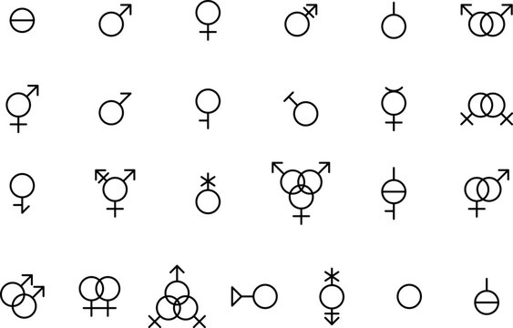 Gender line icons set. Sexual orientation sign. LGBT symbols of hetero and homo couples, female, male or unisex, asexual people. Contour sex identity emblems. Vector sign symbols icon collection.