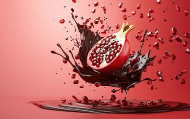 Wall Mural - Juicy pomegranate seed explosion mid-air with elegant dark chocolate swirls, pastel red background