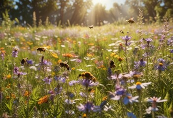 Wall Mural - Sunny day in a serene wildflower meadow with buzzing bees and fluttering butterflies, sunny weather, scenery