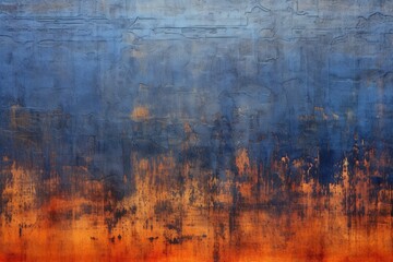 Poster - An abstract painting showcasing a gradient of blue fading into vibrant orange hues, with a textured surface that adds depth and interest.