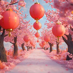 Wall Mural - Vibrant springtime festival with lanterns hanging under cherry trees