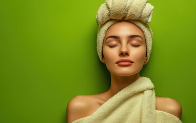 Canvas Print - Woman relax in SPA wrapped in a soft towel. Bright green background. top view