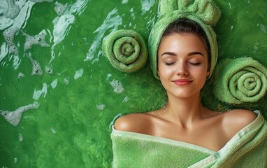 Wall Mural - Woman relax in SPA wrapped in a soft towel. Bright green background. top view