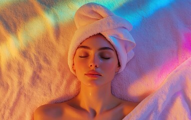 Wall Mural - Woman relax in SPA wrapped in a soft towel. Bright rainbow background. top view