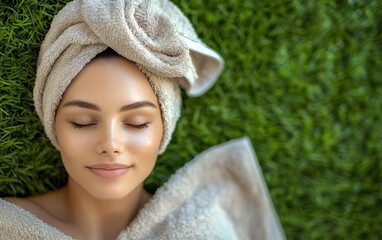 Wall Mural - Woman relax in SPA wrapped in a soft towel. green grass background.