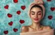 © Sergey Fedchenko - Woman relax in SPA wrapped in a soft towel. hearts background. top view