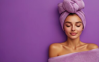 Canvas Print - Woman relax in SPA wrapped in a soft towel. Bright purple background. top view