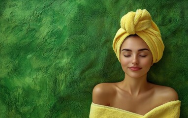 Wall Mural - Woman relax in SPA wrapped in a soft towel. Bright green background. top view