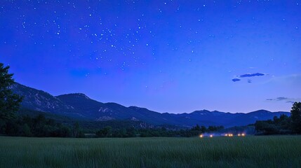  Starry night over mountain meadow.