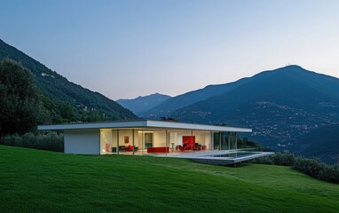 Wall Mural - A modern, sleek, and minimalist-style home with large windows and a terrace overlooking the Italian Alps at dusk