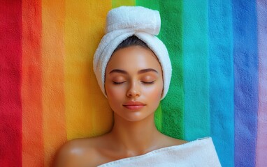 Wall Mural - Woman relax in SPA wrapped in a soft towel. Bright rainbow background. top view