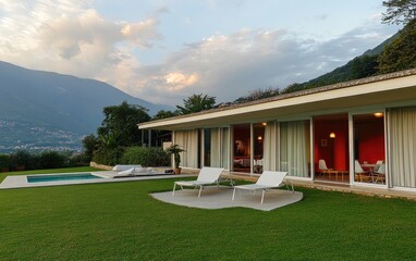 Wall Mural - A modern house in the Italian Alps, with a flat roof and large windows with sliding glass doors leading to an outdoor patio area