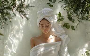 Wall Mural - Woman relax in SPA wrapped in a soft towel. Festive background. top view