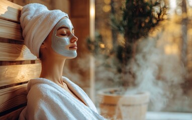 Wall Mural - Woman relax in SPA wrapped in a soft towel, with a clay facial mask, sitting in a traditional wooden sauna, soft steam rising around her.