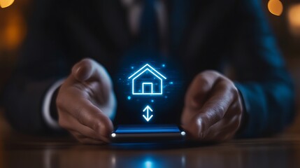Poster - Person using phone to access digital house model, showcasing smart home technology and real estate applications.