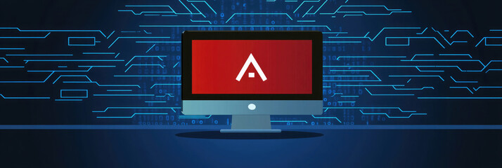 Computer monitor displaying a red logo on a dark blue digital background with circuit patterns and graphics