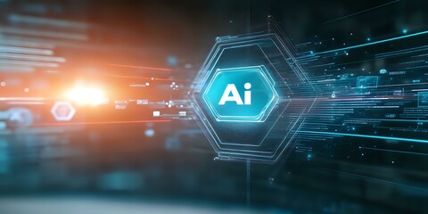 Poster - futuristic artificial intelligence symbol glowing in hexagonal shape with digital network connection