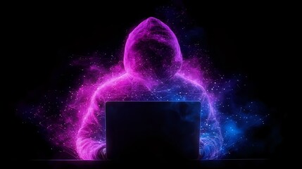 Poster - Glowing silhouette of person working on laptop with vibrant pink and blue ethereal smoke effect against dark background, representing digital transformation and remote work.