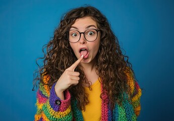 Poster - A quirky woman with curly hair and glasses, wearing colorful , points at her own mouth while making a happier expression against a blue background.