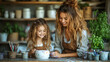 © adityan - Mother and daughter paint pottery in a workshop.  Craft activity, family bonding, hobby