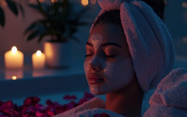 Canvas Print - Woman relax in SPA wrapped in a soft towel, wearing a hydrating serum mask, enjoying a private spa suite with dim candlelight and rose petals.