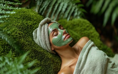 Wall Mural - Woman relax in SPA wrapped in a soft towel, wearing a hydrating aloe vera mask, resting on a soft mossy forest floor, surrounded by ferns.