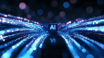 Poster - glowing ai cube with radiating blue light streams and bokeh effects on dark background creates futur