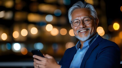 Poster - Senior Asian businessman smiling while using smartphone at night, bokeh city lights background, successful executive portrait in blue blazer.
