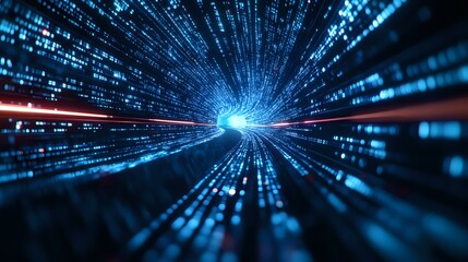 Poster - Digital tunnel with blue light streams and data particles flowing through cyberspace, creating dynamic motion effect against dark background. For technology concepts.