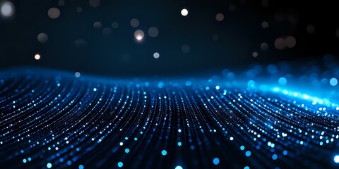 Poster - abstract digital wave of glowing blue particles and bokeh lights on dark background, creating futuri