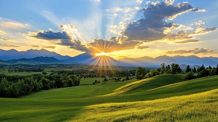 Wall Mural - a breathtaking sunset over a peaceful park, with golden light casting long shadows on the grass.