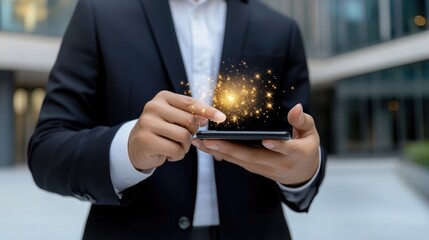 Poster - A business professional using an online banking app, confirming a secure payment with a fingerprint scan.