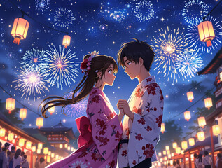 Poster - A couple dressed in traditional Japanese attire stands close together, holding hands amidst a vibrant festival scene with fireworks lighting up the night sky and lanterns illuminating the surroundings