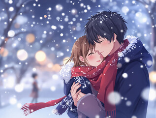 Poster - A couple shares a tender moment in a snowy park, wrapped in warm scarves and coats, with softly falling snowflakes and bokeh lights in the background.