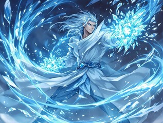 Aufkleber - A powerful mage clad in white robes, conjuring swirling ice and frost with intense blue energy emanating from his hands.