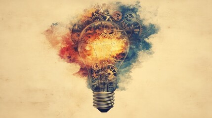 Poster - A creative concept illustration of a lightbulb with mechanical gears inside, representing ideas and industry.