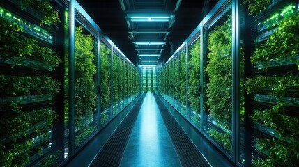 Poster - A cutting-edge server room designed for sustainability, integrating smart energy systems and natural elements.